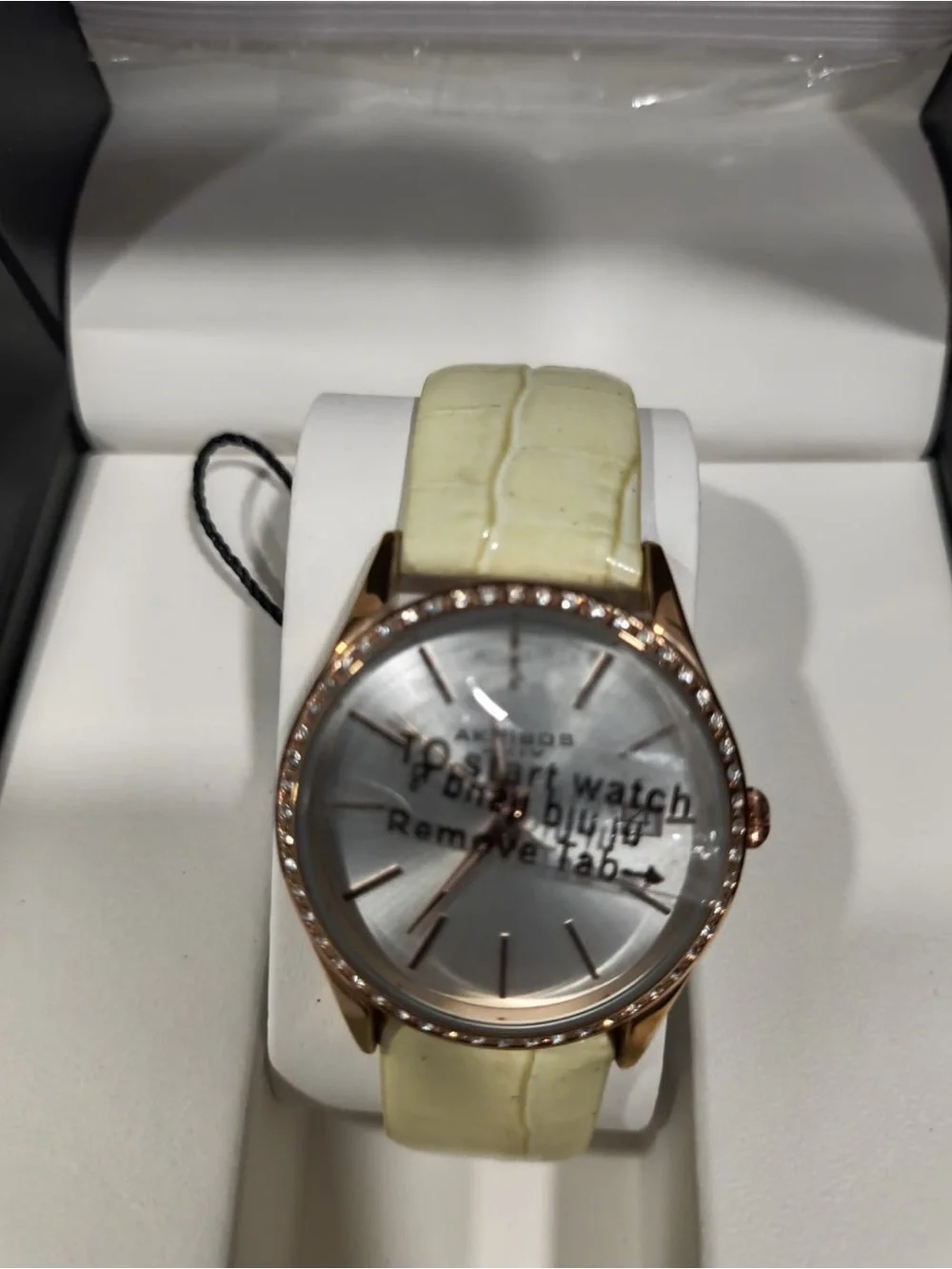 Beige Leather Strap Women's Crystal Bezel Watch